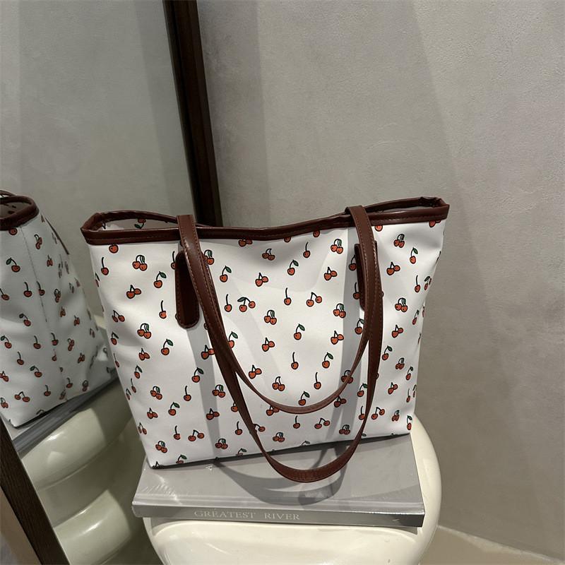 Fashion Large Capacity Pu Tote Bag For Women With Cherry Print Design Zipper Closure For Daily Use