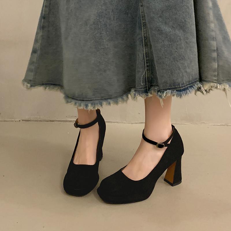 2025 New Sexy Ankle Strap Shoes Women High Heels Shoes Round Toe Pumps Thick Sole Heeled Dance Party Wedding Shoes Female