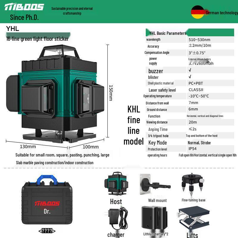 12-Line Green Laser Level with Infrared, Outdoor Strobe, Wall & Floor Mount, Automatic Leveling, Water-Resistant