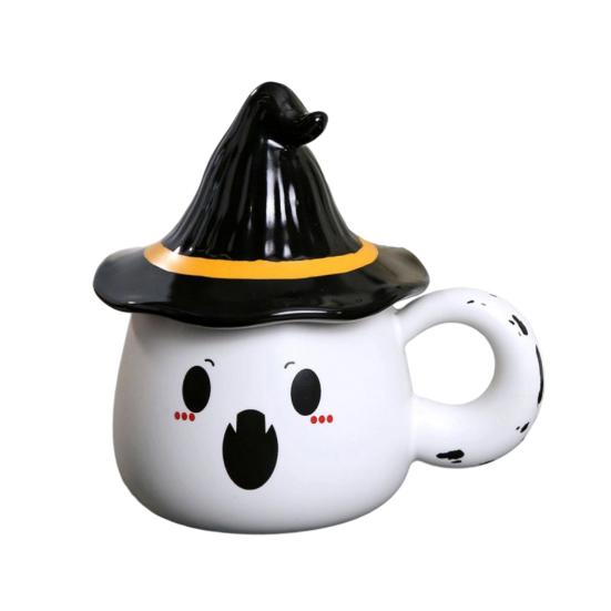 Ghost Pattern Ceramic Cup with Elf Hat Lid Halloween Theme Handmade Artwork Mug Daily Use Halloween Drinkware