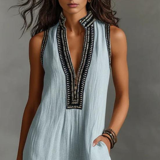 Summer Jumpsuits for Women Stand-collar Sleeveless Loose Overalls with Pockets V-neck Casual Wide Leg Rompers