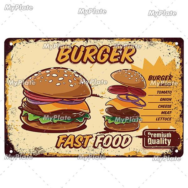 [MyPlate] Hamburger Metal Sign Plaque Metal Vintage Tin Sign Wall Decor For Club Man Cave Bar Decoration Tin Plate