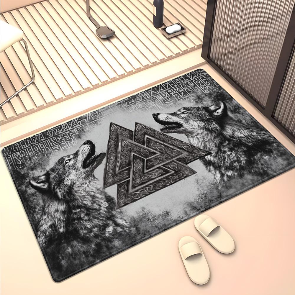 

Wolf howling Viking triangle symbol crystal velvet carpet Nordic mythology rug Norse design living room floor mat ancientwarrior 50x 80cm