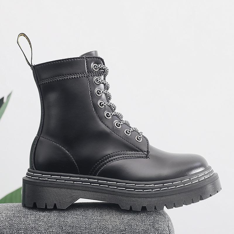 Martin Boots Women's Hard Leather Black Splicing Short Boots Men's and Women's Glossy Leather Boots Round Head Tooling Shoes