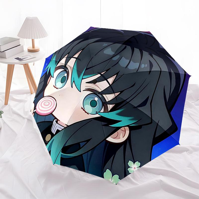 1pc Anime Character Lollipop Design Automatic Opening Umbrella with Cherry Blossom Pattern - Portable 3-Fold Design, 8-Rib Iron Frame Outdoor Umbrella