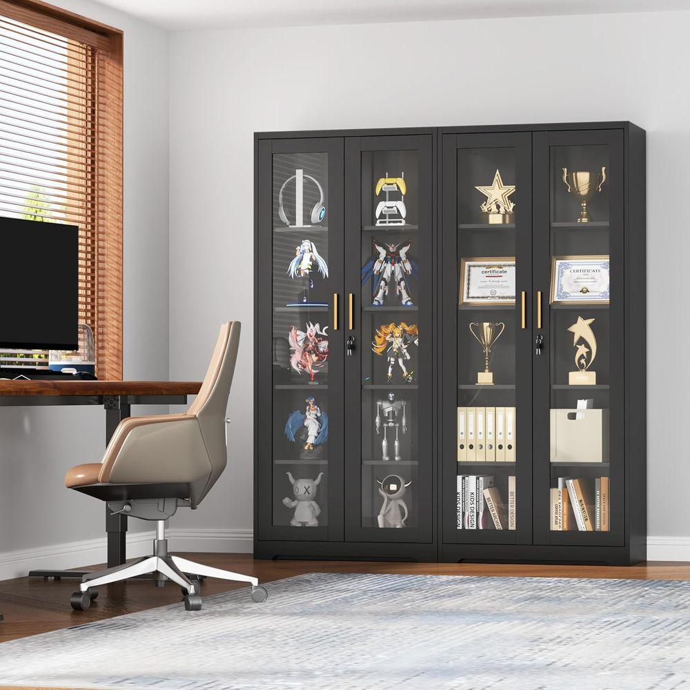 Black Glass-Door Lockable Display Cabinet with 4 Adjustable Shelves, Ideal for Liquor, Books, and Living Room Storage