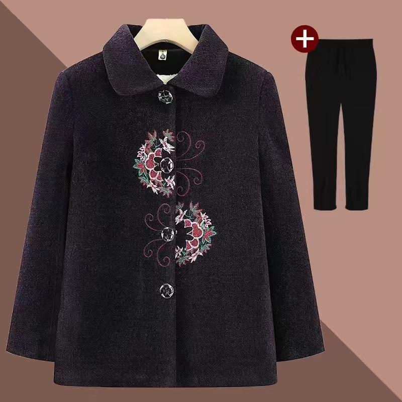 Embroidered Lapel Woolen Coat for Elderly Women - Autumn/Winter, Thickened with Velvet