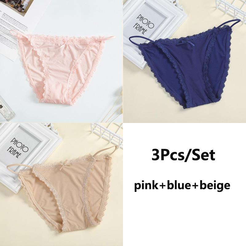 Seamless Lace 3pcs Sexy Women Panties Silk Lingerie Girls Cute Bow Underpants