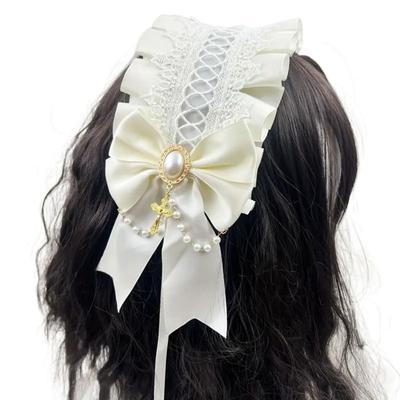 Creative Sweet Lolita Lace Headband Ribbon Bow JK Maid Cosplay Headdress Hair Accessories Pearl Lolita Hair Clip Daily