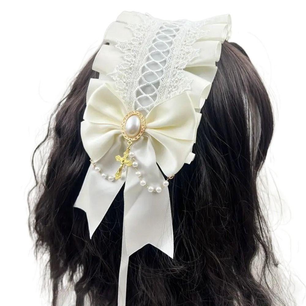 Diadema de Encaje Perla Lolita Lazo de Cinta Tocado de Cosplay de Sirvienta Lindo Pinza para el Pelo Lolita Fiesta