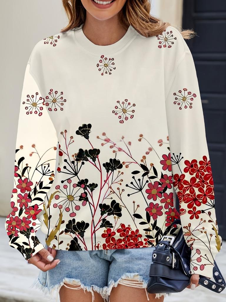 Neues Damen Buntes Schillerndes Blumenmuster Rundhals Sweatshirt Leicht Bequem Lässig Locker Übergröße Langärmliger Pullover
