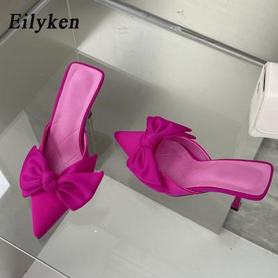 Fashion Eilyken New Style Butterfly-knot Mules Women Slippers Elegant Pointed Toe Thin High Heels Ladies Summer Fashion Party Prom Shoe