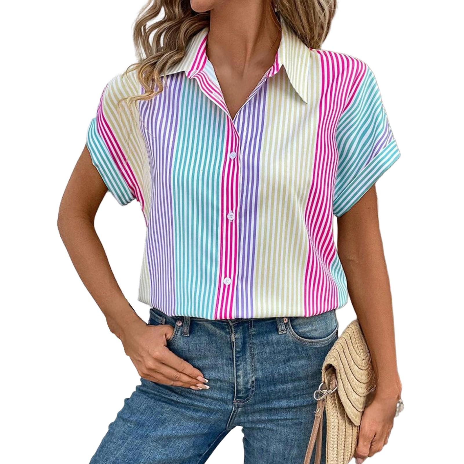 

Women s Fashion Casual Short Sleeve Shirt V Neck Striped Top L