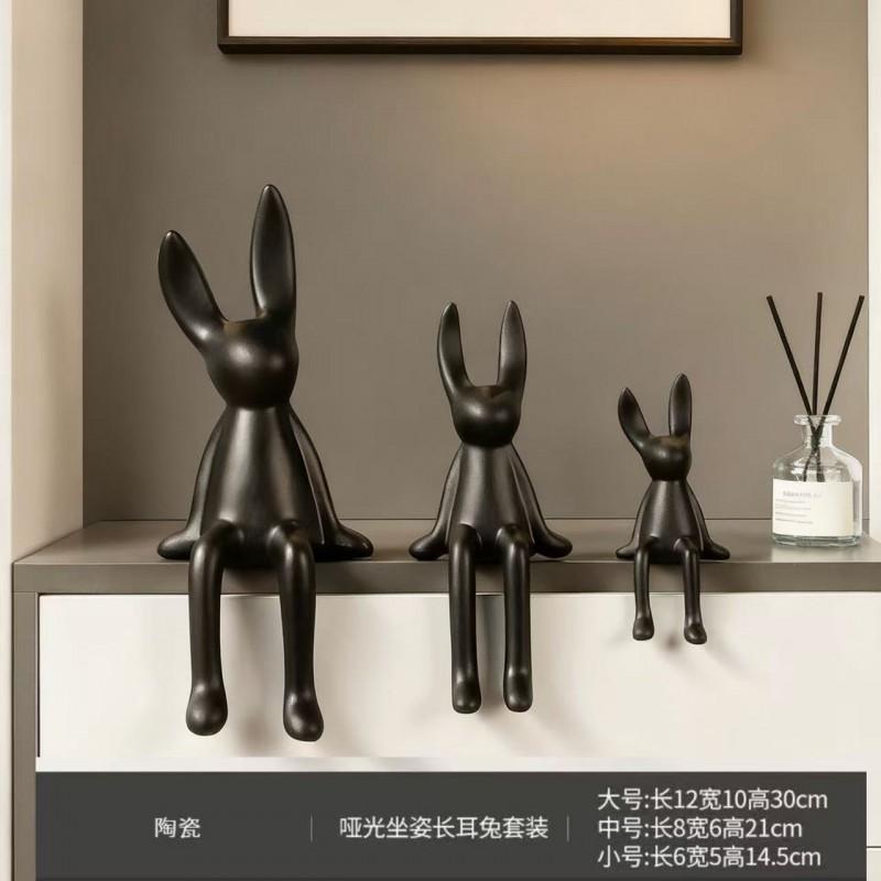 Ceramic Sitting Long-Eared Rabbit Figurine Set Nordic Decor Living Room TV Cabinet Entryway Home Styling Long-Eared Rabbit - Black - 3-Piece Set