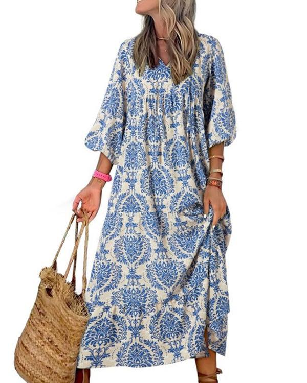 2023 Autumn New Independent Station Hot-selling Geometric Printing Bubble Sleeve Dress Street Fried Street Large Size Women's Clothing