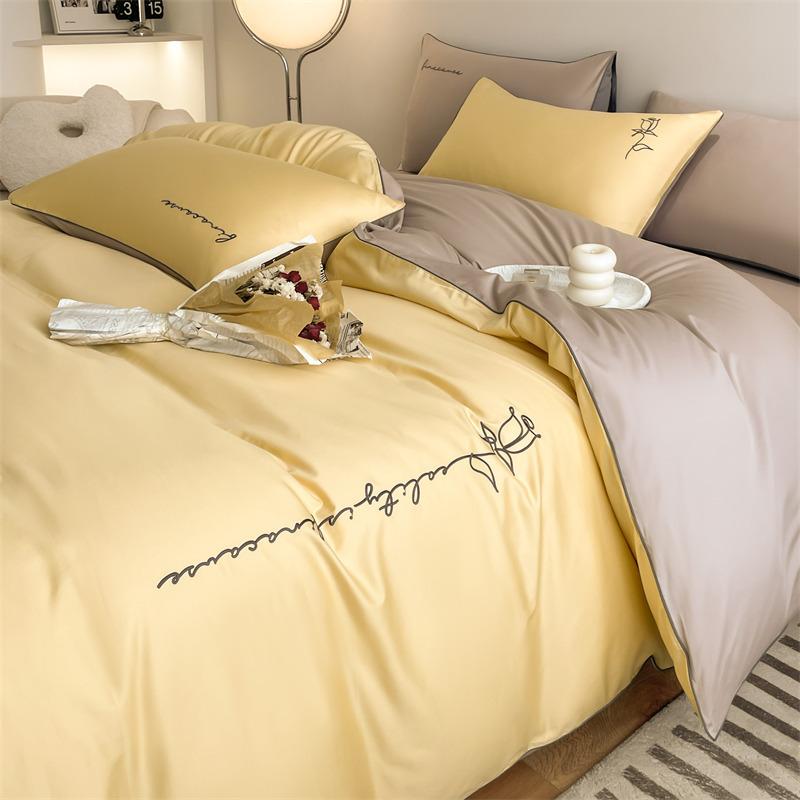 Embroidery Pure Cotton Four-piece Quilt Cover Solid Color Bed Sheet Light Luxury Style Bedding