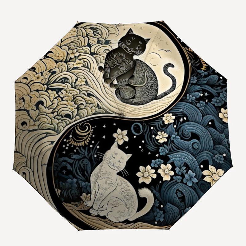 1 Stück Schwarz-Weiß-Katze Ying Yang Katze Automatisches Öffnungs- und Schließschirm - Leichtes 3-fach faltbares Design, Geeignet für Fans, Reisen, Täglichen Gebrauch - Von