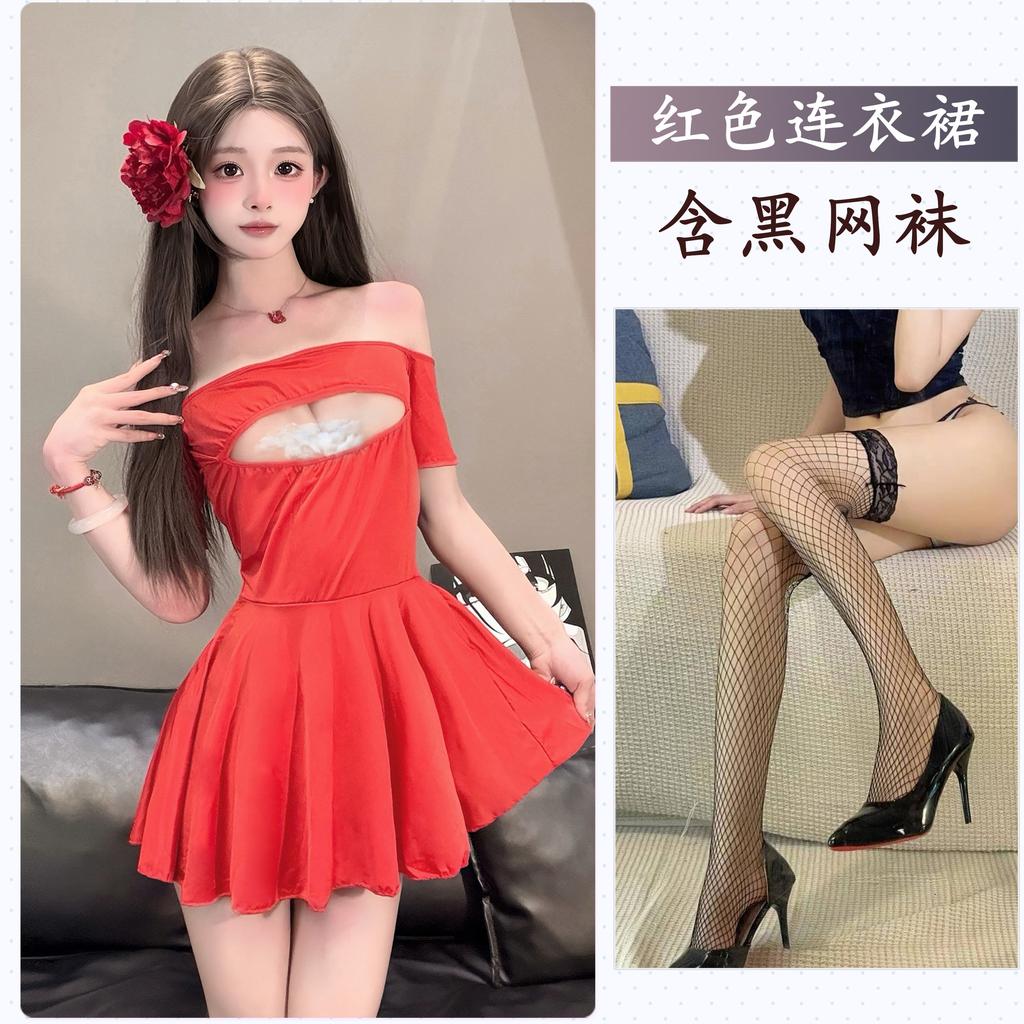 Sexy Underwear, Sexy Hollowed-out One-word Shoulder Ice Silk Nightdress, Pure Desire, Lotus Leaf Edge, Super Short Free Women