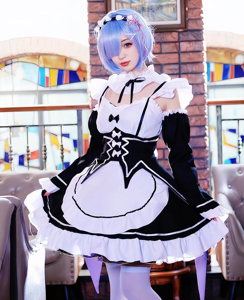 Cosplay Deluxe Edition Maid Anime Stage Chinese School Starting Life in Another World Maid Size [Nou-satsu] ReZero Rem/Ram Outfit, Costume,