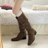 Design Pleated Pointed Toe Women Knee High Boots Fashion Thick Heels Party Dress Long Booties Autumn Winter Ladies Shoes