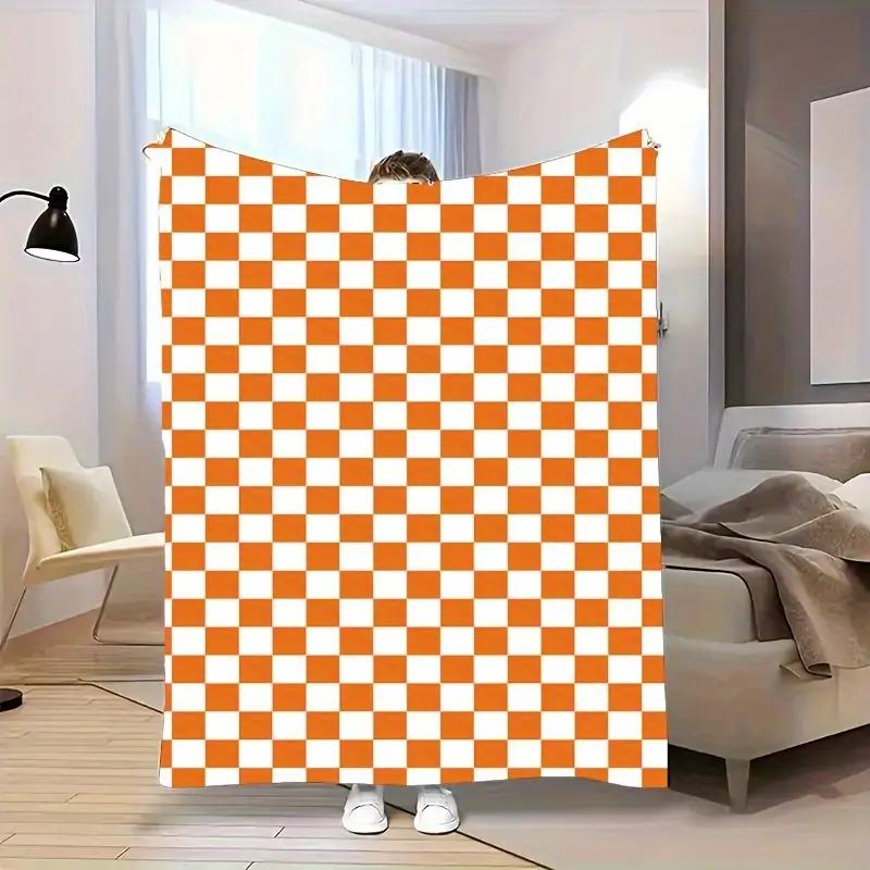 Orange and white plaid flannel blanket, geometric pattern, - perfect for sofa, office, bed, camping and Halloween Christmas 130x150cm