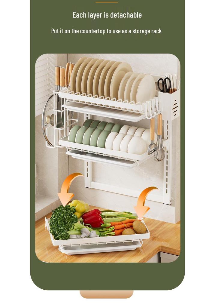 No-Punch Wall-Mounted Dish Drying Rack with Plate and Chopsticks Holder