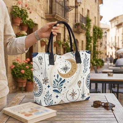  Boho Celestial Moon Print Tote Bag Casual Large Capacity Shopping Shoulder Bag for Daily Use