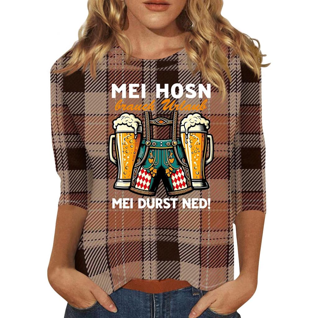 Women's Casual Plaid Three Quarter Sleeve T-Shirt Oktoberfest Print Round Neck Top Comfortable Fit Lightweight Fabric