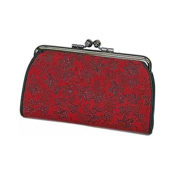 Inden-ya Inden Coin Purse 340 Parent-Child Gamaguchi Coin Case 1501 Red Deer Leather X Black Lacquer Grape Pattern 8.5cm (H) X 14.5cm (W) X 3.5cm (D)