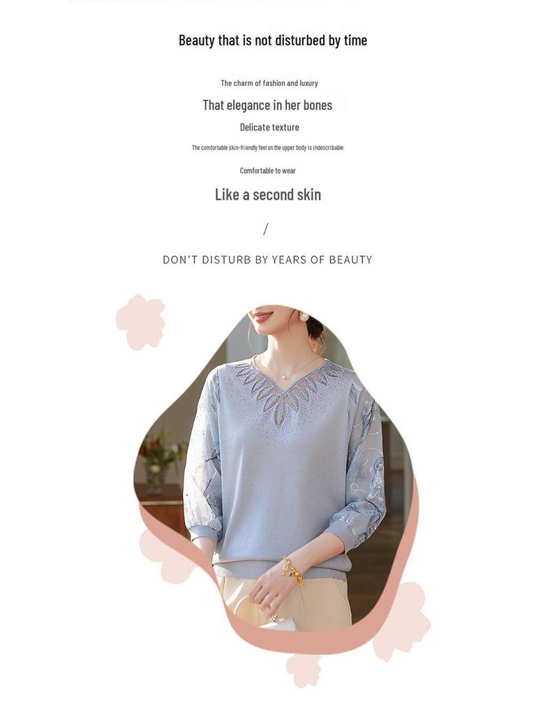 Mom's Spring V-neck Knit Top with Gauze Sleeves, Stylish Thin Layer for Middle-aged and Elderly Women.