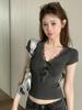Women's Grey Lace Patchwork Bowknot T-Shirt - Slimming Summer Top