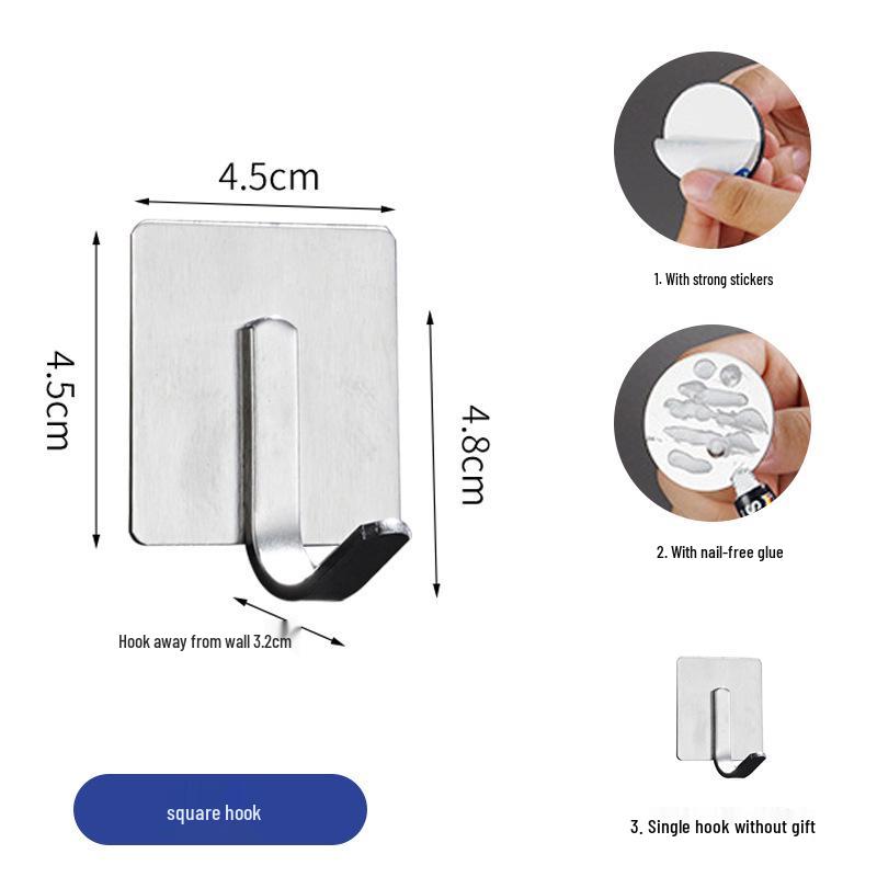 Punch-Free Brushed Stainless Steel Wall Hook - Strong Adhesive, Wall-Mounted, for Kitchen, Toilet, Clothes, Metal Hook.