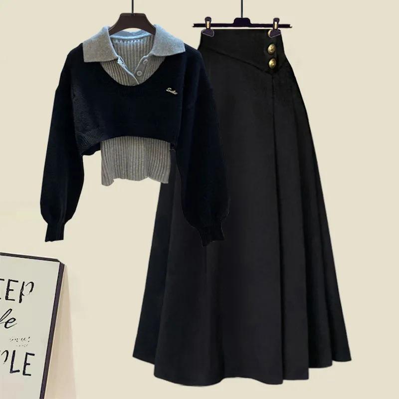 

«Женская мода весна 2025»: Комплект из свободного свитера и юбки-свитер, бросающий вызов возрасту S [Recommended 80-95 lbs]