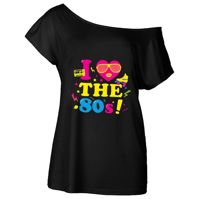 Women's 80's Nostalgic Party Off-Shoulder T-Shirt with Asymmetrical Neckline