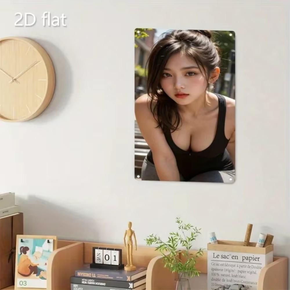 Vintage Metal Wall Sign, 1pc Poster, Korean-Style Female Face & Text, Heavy-Duty Iron