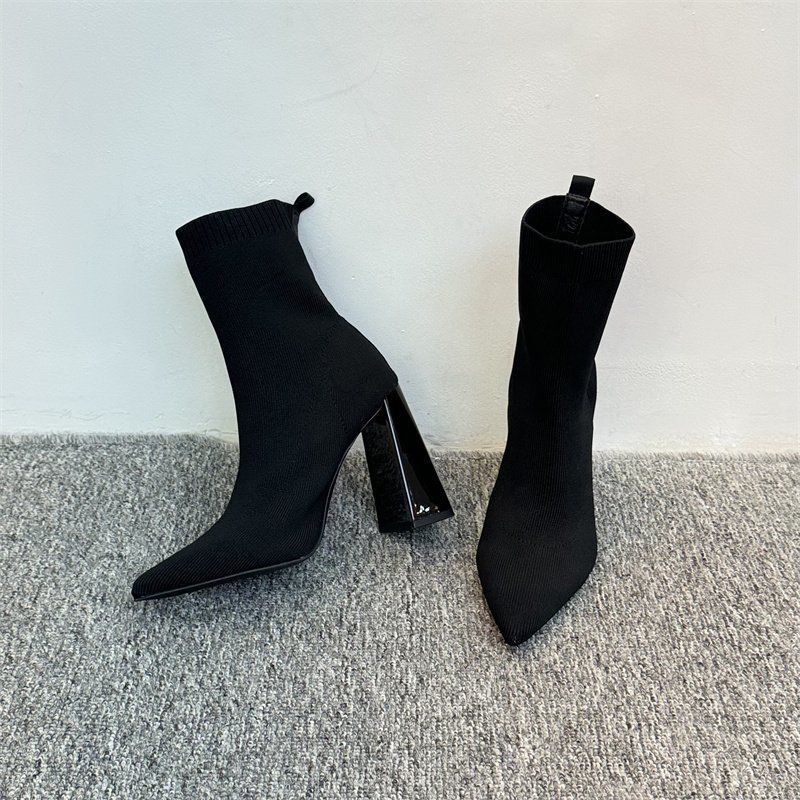 Pointed Thick-heeled Knitted Elastic Boots 2025 Winter New Versatile High-heeled Thin Boots Medium Tube Thin Elastic Socks Boots