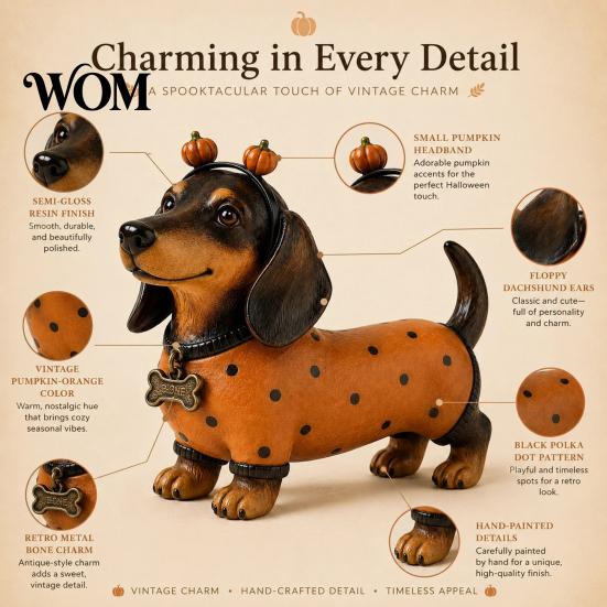 Whimsical Autumn Room Accessories Fall Harvest Dachshund Figurine, Halloween Statue with Pumpkin Headband Polka Small Ornament for Fireplace