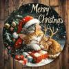 D Circular Wooden Merry Christmas Sign Christmas Hat with Cat and Reindeer Patterns Suitable for Home Room Porch Decoration