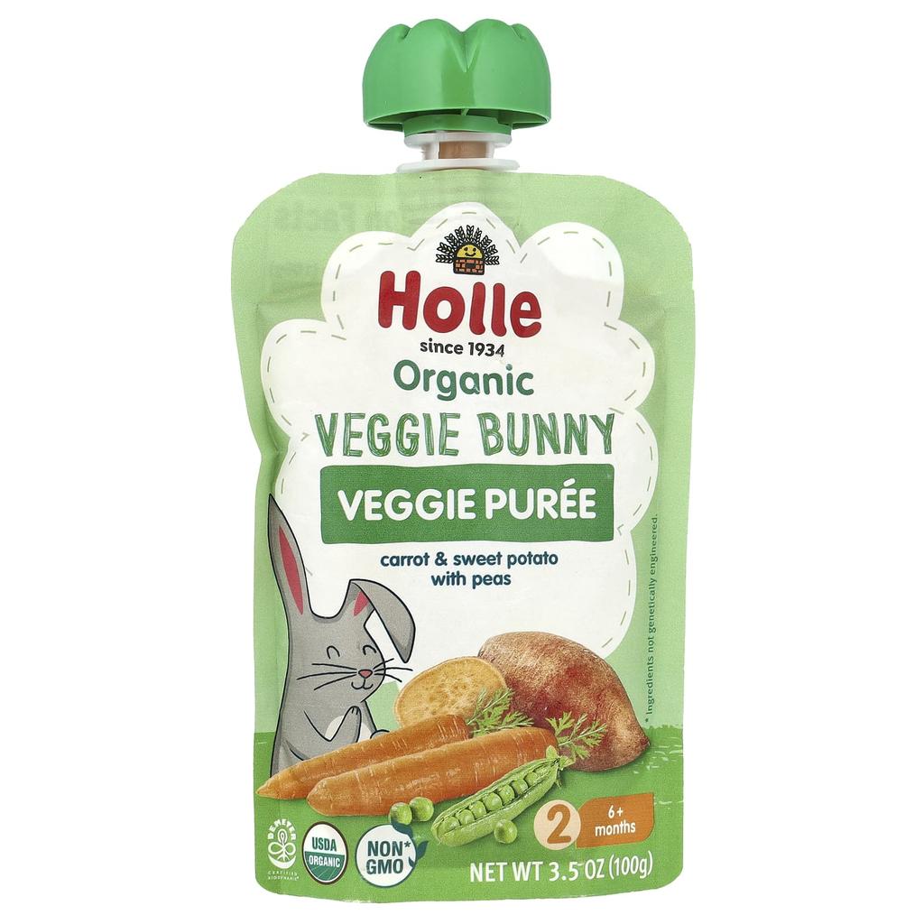 Holle, Organic Veggie Puree, Veggie Bunny, 6 months+, Carrots and Sweet Potatoes with Peas, 3.5 oz (100 g)
