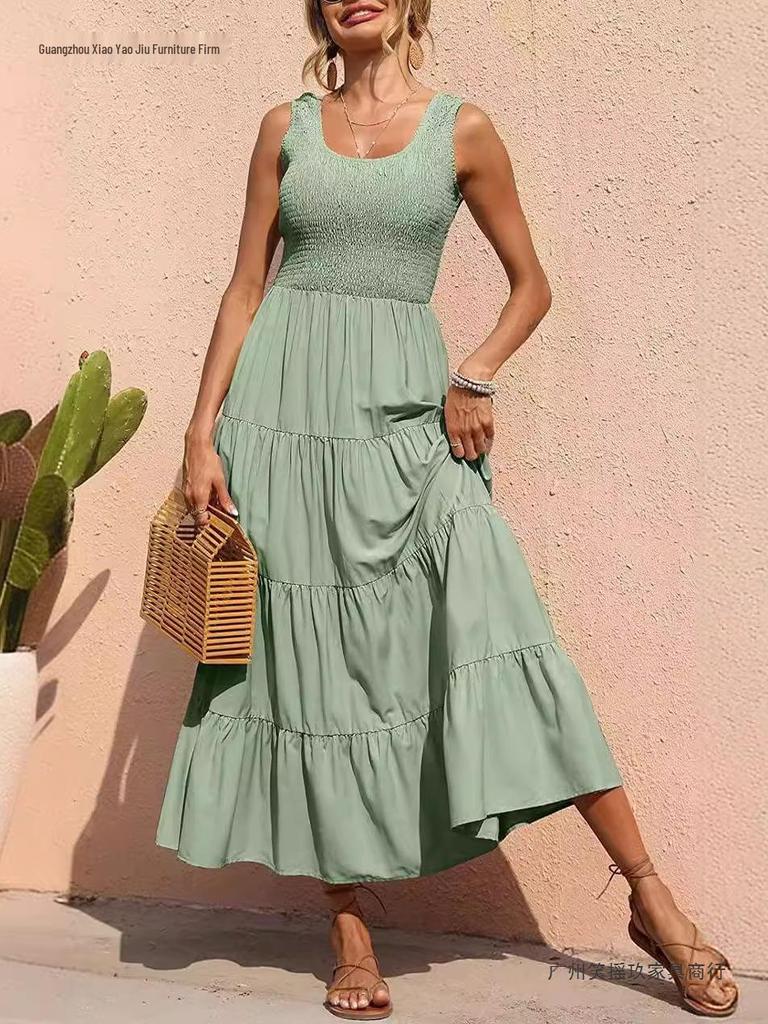 Spring European & American Women's Camisole Dress: Pleated Patchwork A-line with Wide Hem