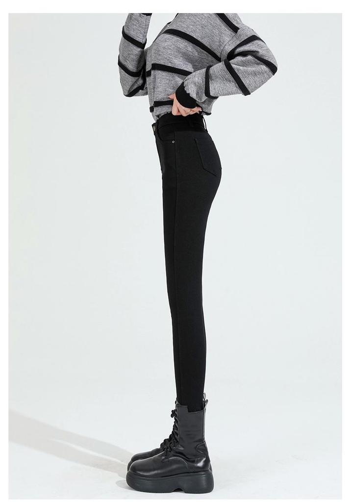 Tall Women's High-Waisted Plus Velvet Skinny Black Pants - Autumn/Winter 2025