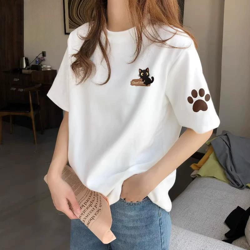 Women's Round Neck Short Sleeve Printed Loose Fit Korean Casual T Shirt Basic Top with Heart Graphic for Spring Daily Wear