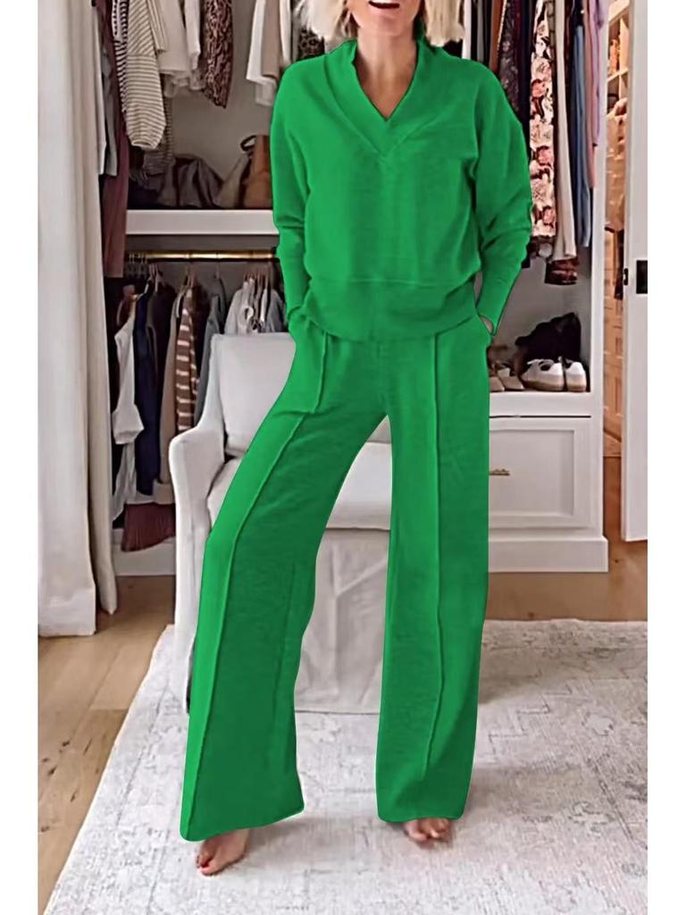 2025 Autumn/Winter V-neck Long Sleeve Loose Solid Color Women's Fashion Casual Pants Set