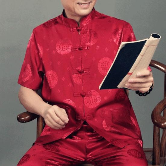 Men Shirt Blessing Pattern Knot Buckle Short Sleeve Solid Color Stand Collar Tang Suit Shirt Kung Fu Clothes for Chinese New Year