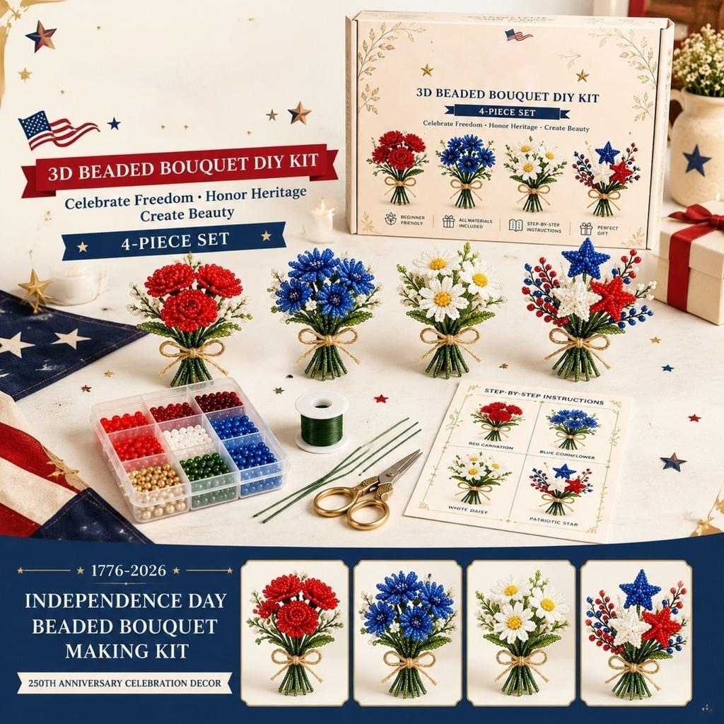 Kit Fai da Te Bouquet di Fiori con Perline 3D Set di 4 Pezzi per Creazioni Floreali Artigianali e Progetti Patriottici per la Decorazione della Casa