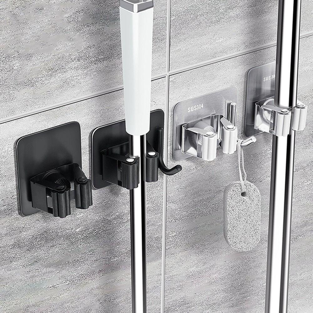 Silver/Black Stainless Steel Mop Holder Waterproof Mop Organizer Clip Mop Hook Mop Rack  Kitchen