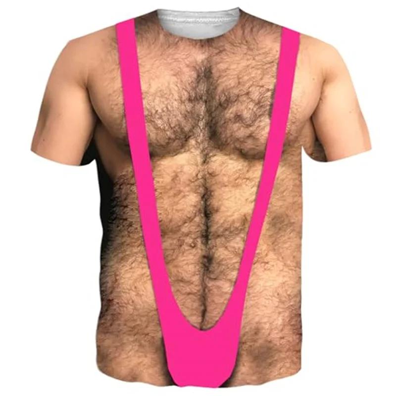 Men's Funny Hairy Chest Graphic T-shirts Fake Muscle Abs 3D Print Short Sleeve T-shirts Spring Summer Cosplay Costume Tops