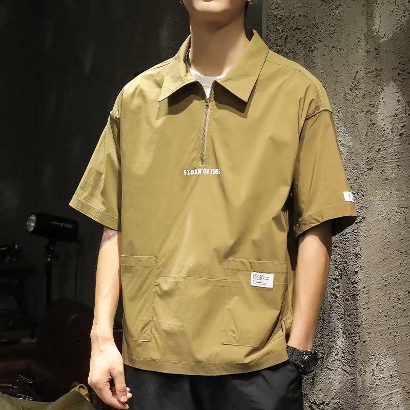

Мужская бейсбольная рубашка с коротким рукавом в стиле ретро — модная свободная рабочая одежда American Mountain для лета L хаки