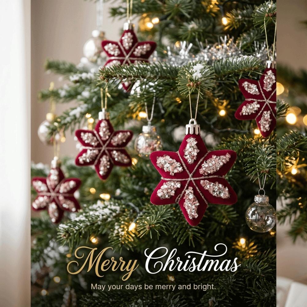 4/6PCS Hand-painted Flocked Finial Christmas Ball Hexagram Long Finial Hanging Ornaments Christmas