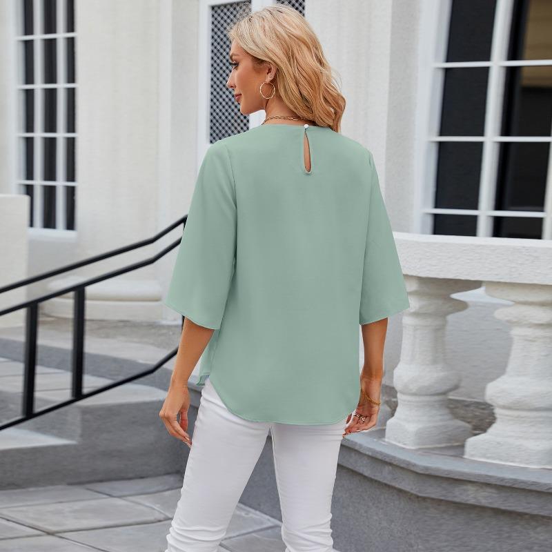 Solid Color Round Neck Five Quarter Sleeve Short Sleeved Loose Chiffon Top for Women Tops
